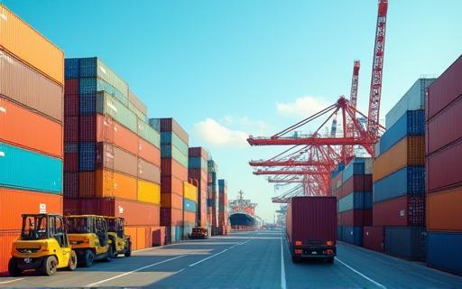 Shipping containers at a port, symbolizing global distribution