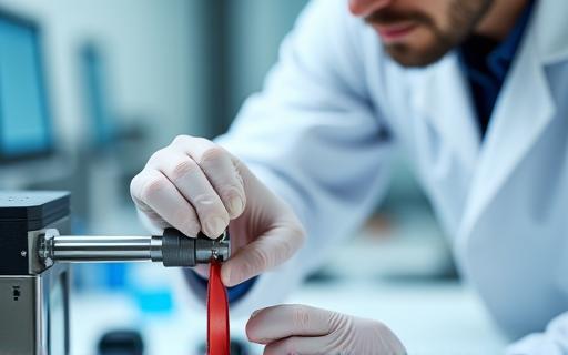 Scientist in lab coat testing the elasticity of a fitness band